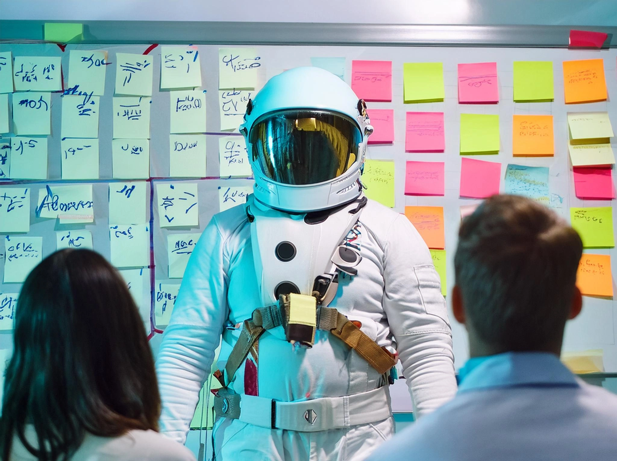 image d'un astronaute qui dos à un tableau remplis de post-it